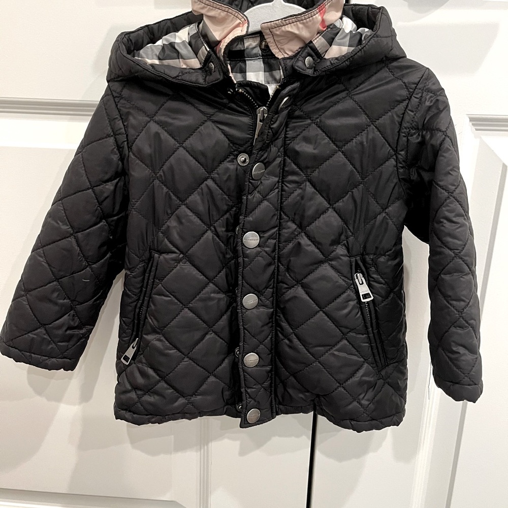 Burberry Black Quilted Kids Hooded Jacket with Beige Check Lining